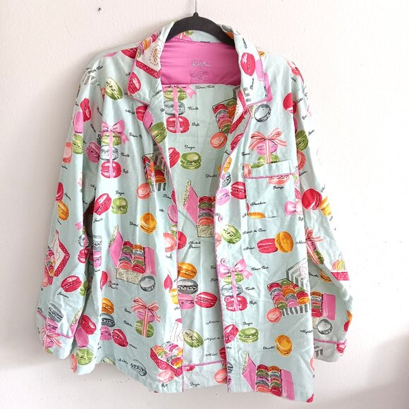 Nick & Nora Mint Green Flannel Pajama Set Macaroon Themed Pants & Top Set  XXL - Picture 1 of 4